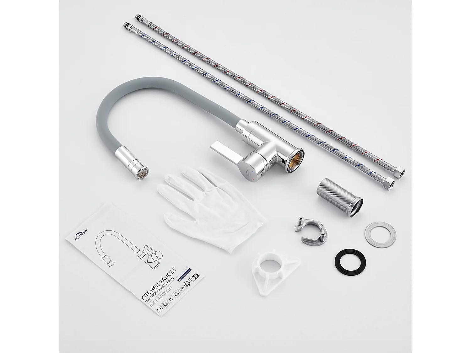 Keukenmengkraan met flexibele siliconen slang vervormbare gootsteenkraan met 2 soorten jets, 360° draaibare keukenkraan-grijs