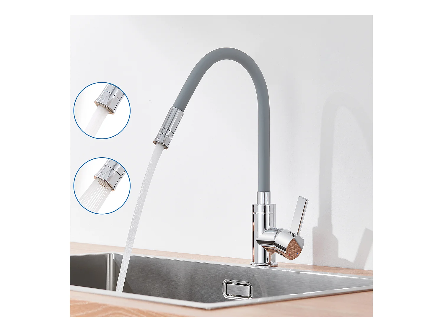 Mitigeur de Cuisine avec Tuyau En Silicone Flexible Déformable Robinet d'Evier avec 2 Types de Jets,Robinetterie Cuisine pivotant à 360°-Gris