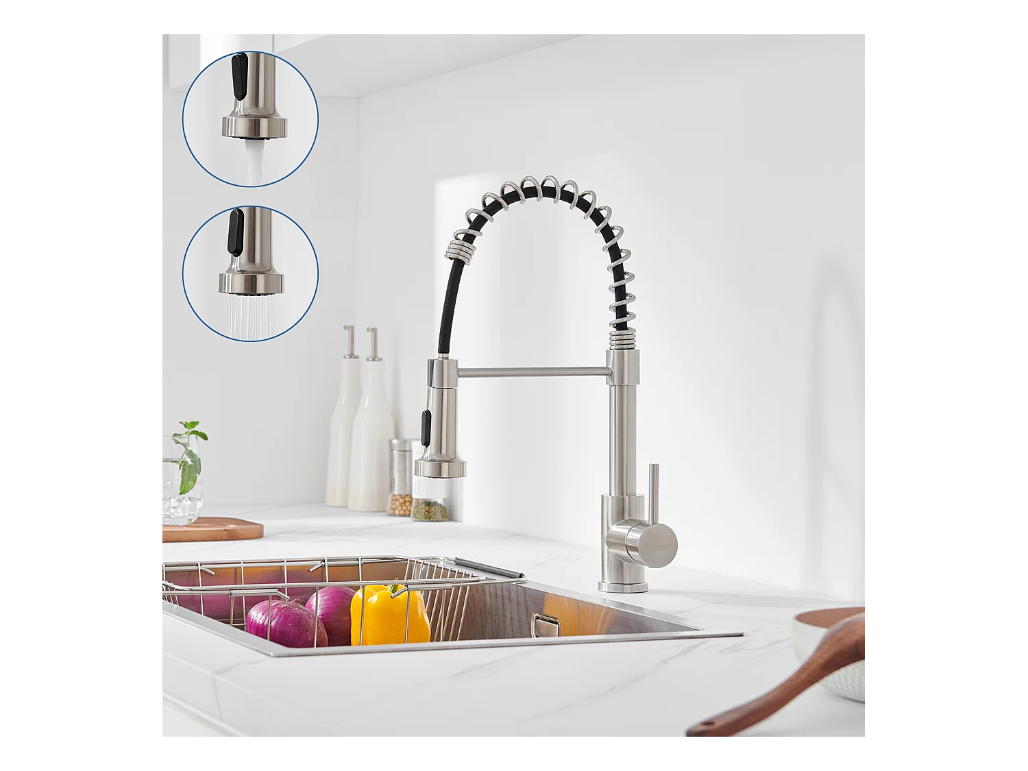 AuraLum Max Mitigeur Cuisine à Ressort Spiralé avec 2 Fonctions Douchette Robinet d'évier Rotatif 360° en Inox 304 pour Cuisine, Brossé,EU Modèle
