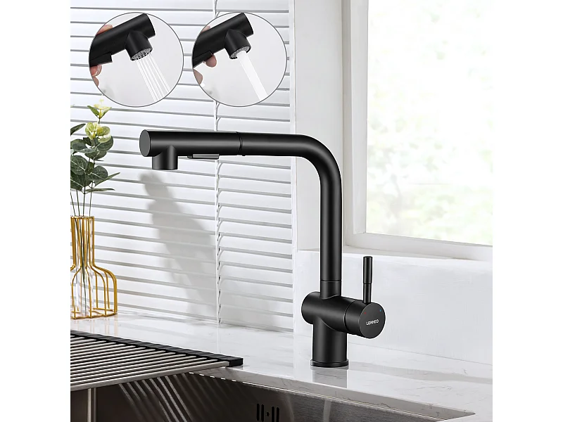 Mitigeur Cuisine Noir avec Douchette Extractible,Robinet d'évier à 2 Jets,Robinet Evier Bec Haut Pivotant à 360°,Acier Inox,Barboteur Démotable