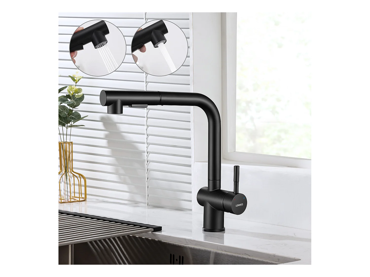 Mitigeur Cuisine Noir avec Douchette Extractible,Robinet d'évier à 2 Jets,Robinet Evier Bec Haut Pivotant à 360°,Acier Inox,Barboteur Démotable