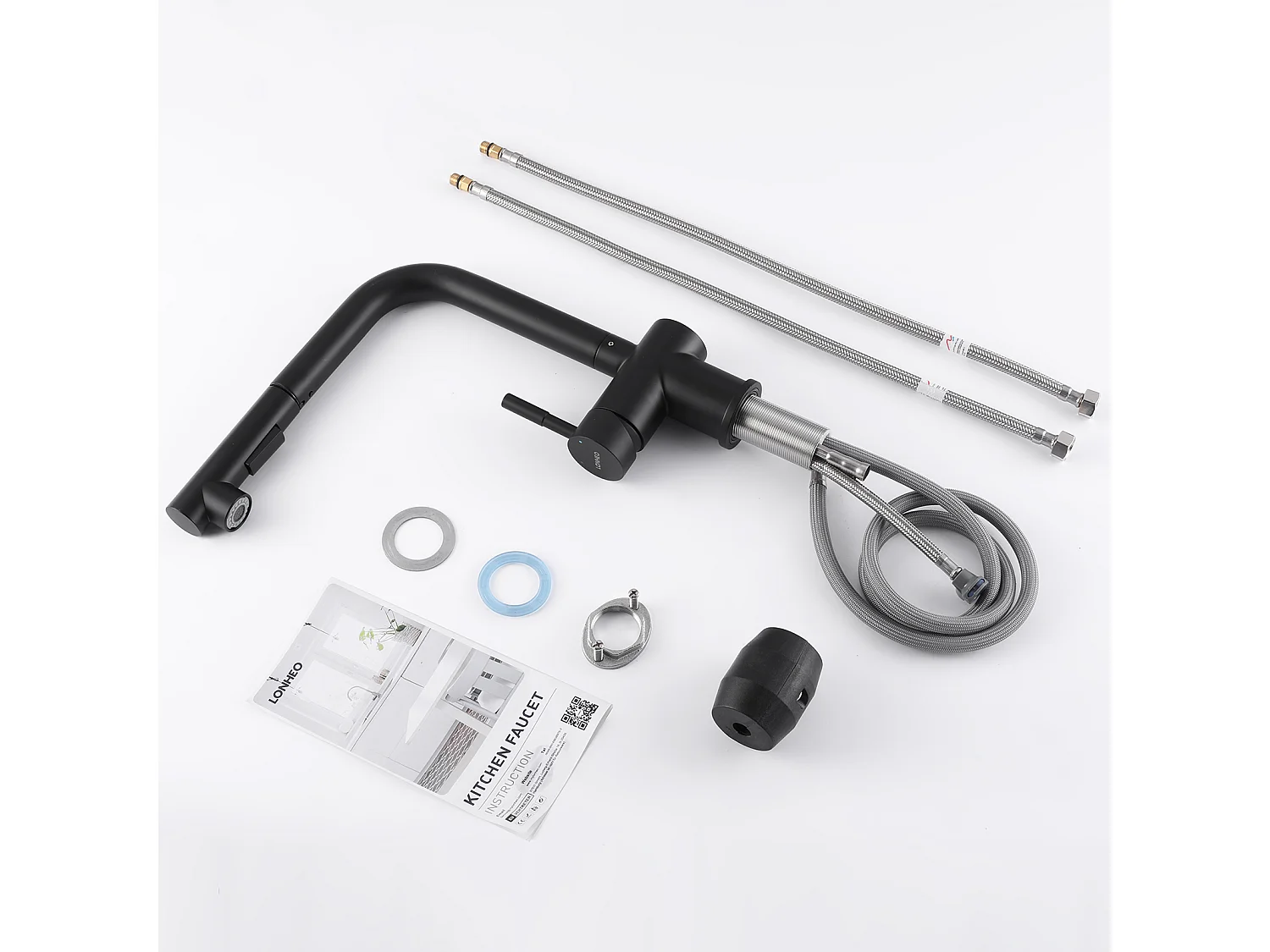 Mitigeur Cuisine Noir avec Douchette Extractible,Robinet d'évier à 2 Jets,Robinet Evier Bec Haut Pivotant à 360°,Acier Inox,Barboteur Démotable