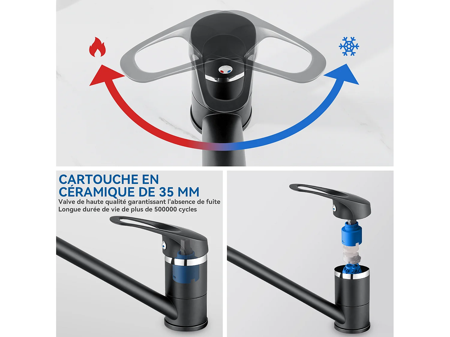 2PCS Mitigeur d'Evier,Robinet Cuisine Orientable à 360°, Les Conduites d'eau Chaude et Froide et Les Accessoires Sont Complets,en Laiton,Noir