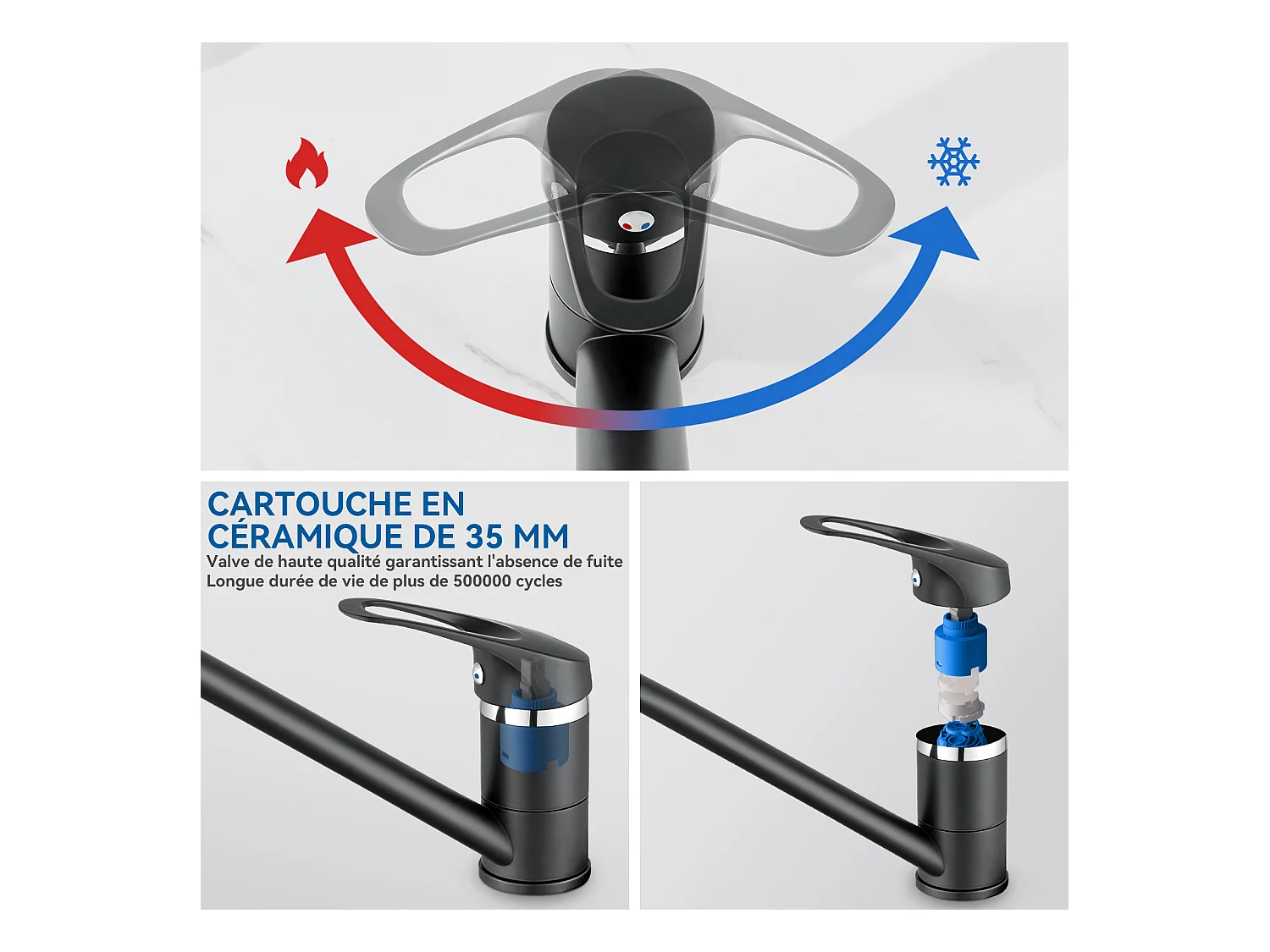 2PCS Mitigeur d'Evier,Robinet Cuisine Orientable à 360°, Les Conduites d'eau Chaude et Froide et Les Accessoires Sont Complets,en Laiton,Noir