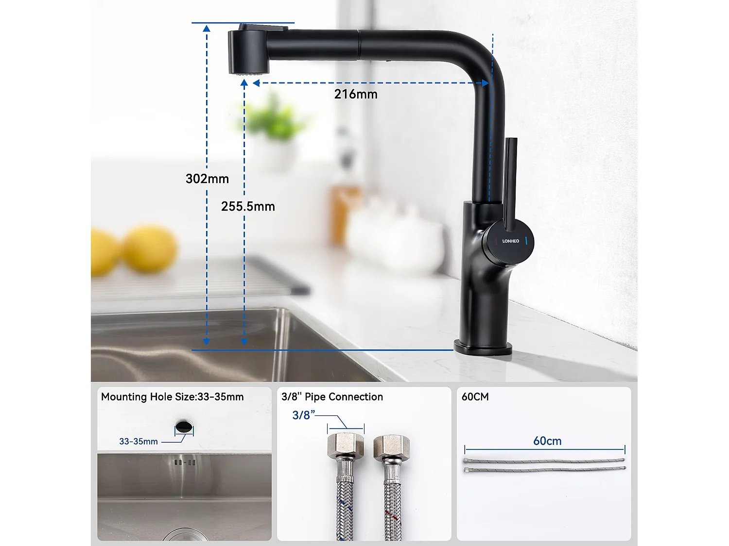 LonheoMax Schwarzer Küchenhahn mit ausziehbarer Brause, 360° drehbarer Küchenmischhahn, 2 Funktionen, Spültischarmatur mit abnehmbarem Sprudelwasserhahn, EU-Modell