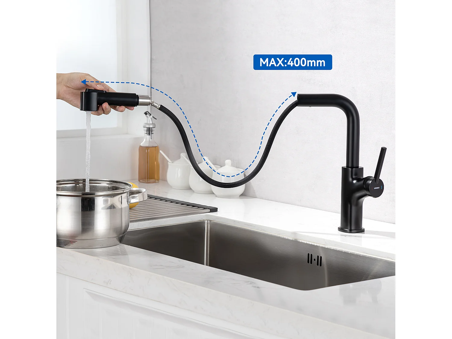 LonheoMax Robinet Cuisine Noir avec Douchette Extractible Mitigeur Cuisine Rotatif 360 ° Robinet Évier 2 Fonctions avec Barboteur Démotable,EUModèle