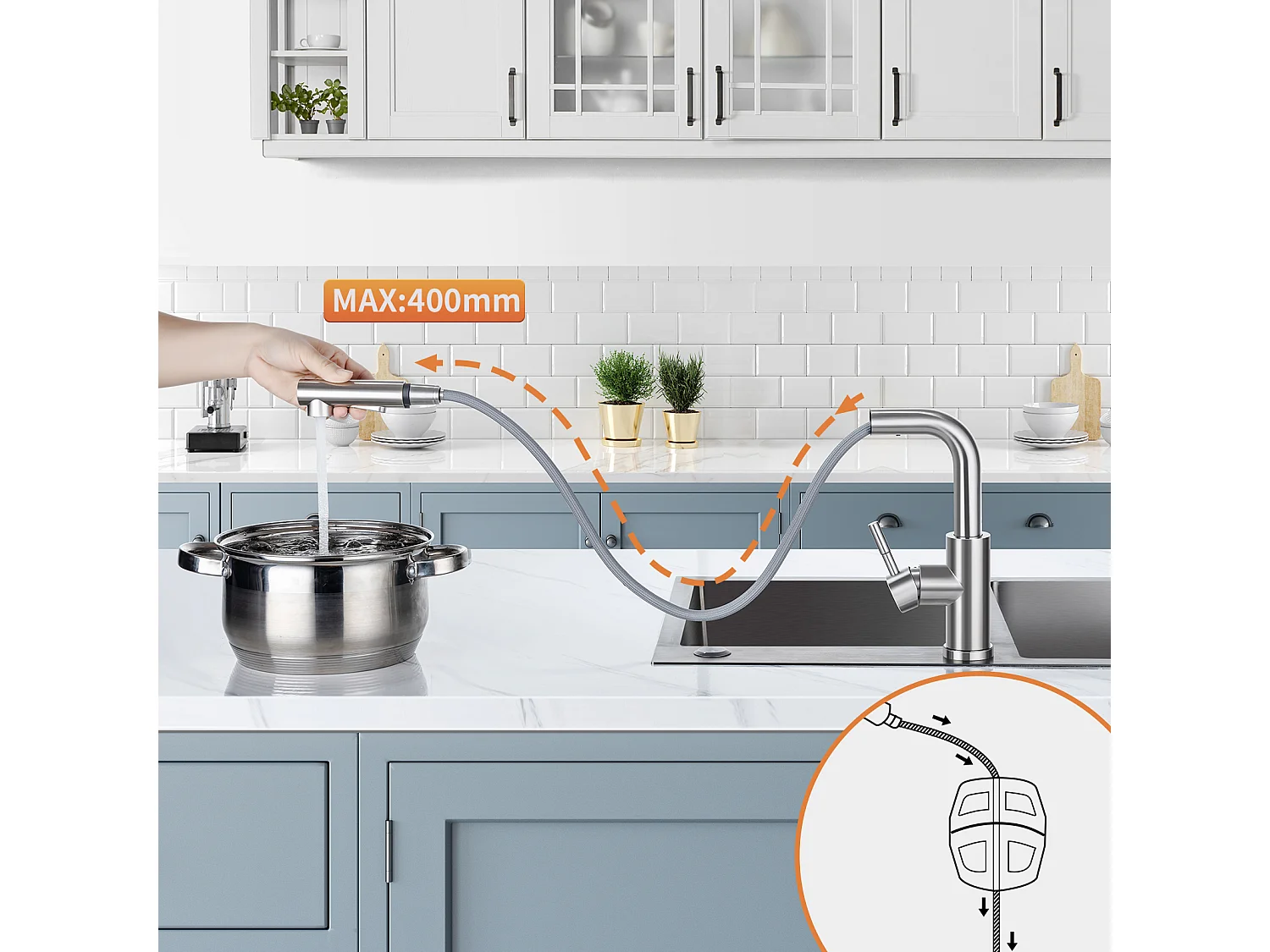 2 STUKS LONHEO MAX 7-vormige keukenkraan met 2 functies Uittrekbare douche 360° draaibare roestvrijstalen keukenmengkraan met demonteerbare romper, geborsteld