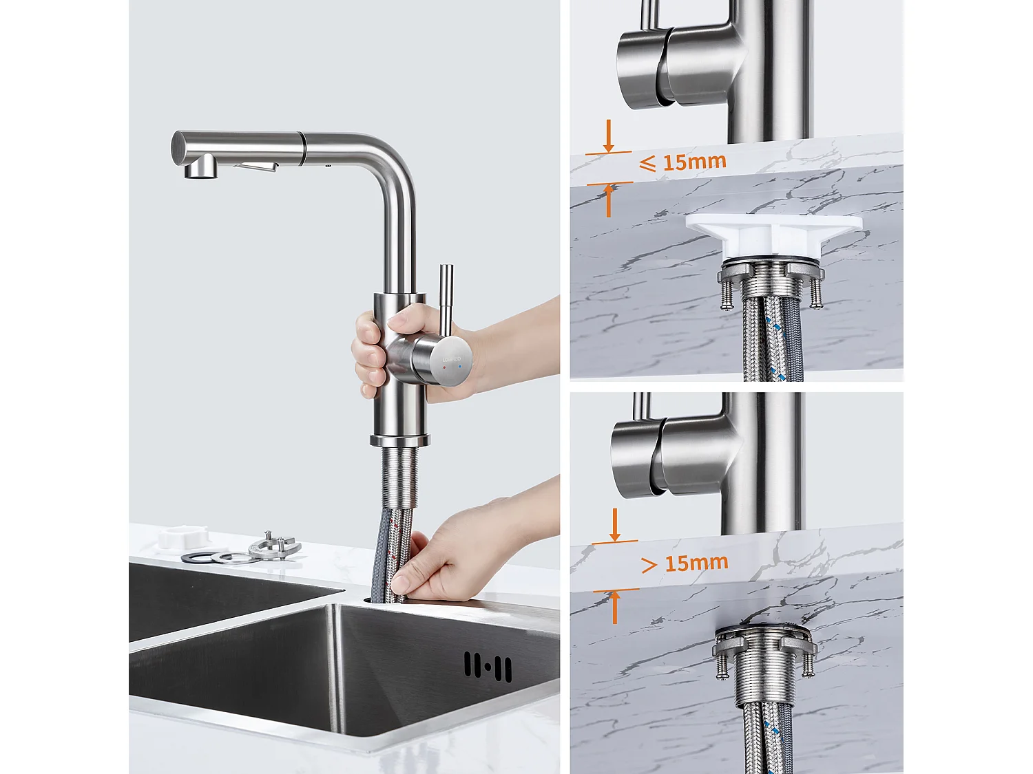 2 STUKS LONHEO MAX 7-vormige keukenkraan met 2 functies Uittrekbare douche 360° draaibare roestvrijstalen keukenmengkraan met demonteerbare romper, geborsteld