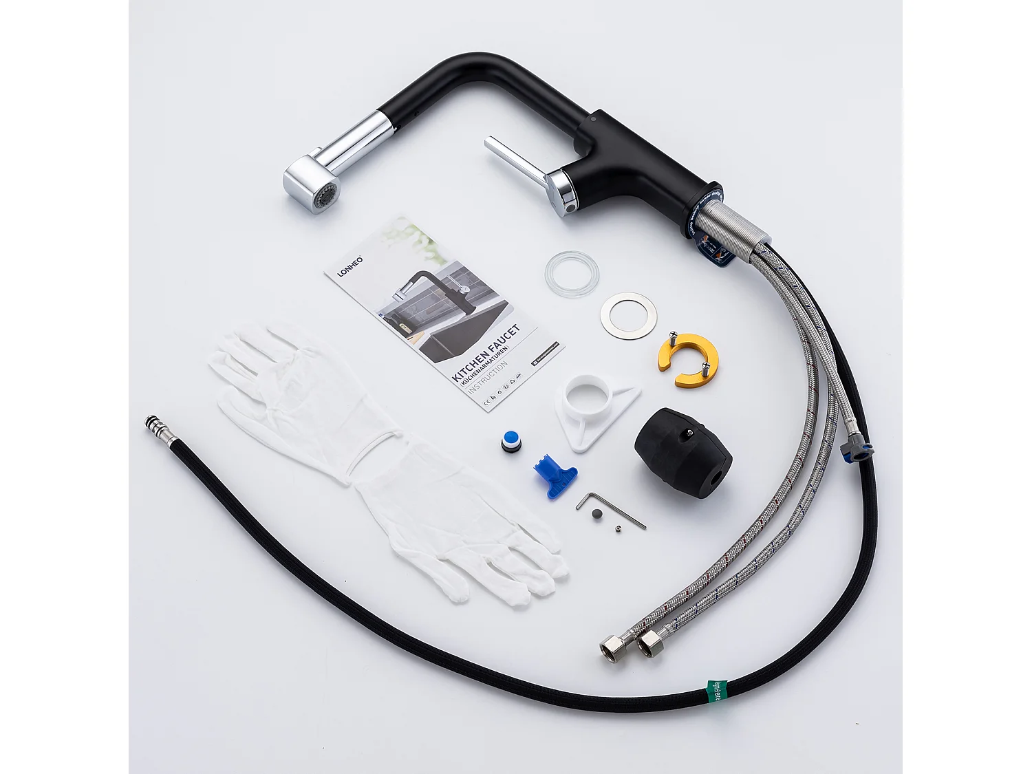 Mitigeur Cuisine Noir, Lonheo Max Robinet Cuisine Noir avec Douchette Extractible,avec 2 Jets,Rotatif 360 ° avec Barboteur Démotabl,EU Modèle