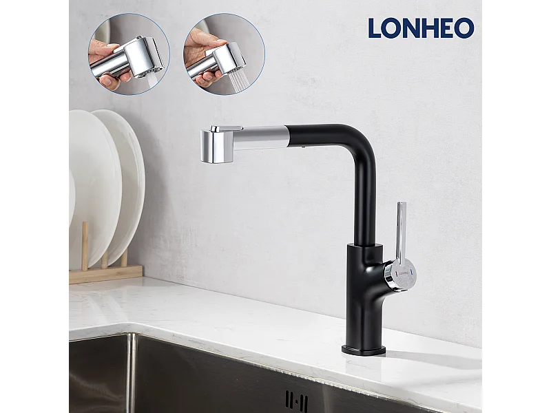 Mitigeur Cuisine Noir, Lonheo Max Robinet Cuisine Noir avec Douchette Extractible,avec 2 Jets,Rotatif 360 ° avec Barboteur Démotabl,EU Modèle
