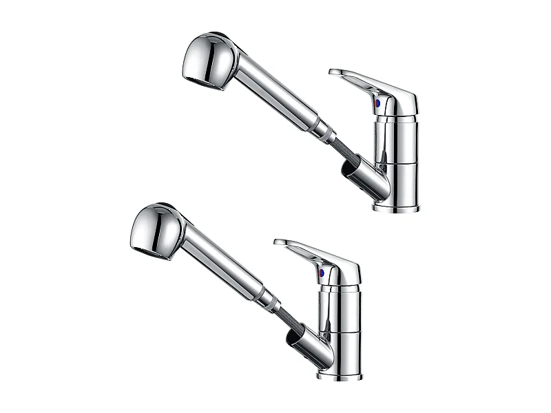 2pcs Mitigeur de Cuisine ,Chromé Extractible,Robinet Cuisine avec Douchette,Mitigeur Evier Bec Bas,Robinet Évier Rotatif 360°,Eau Froide/Chaude