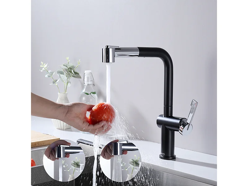 Cecipa max Grifo de Cocina Extraíble, Grifo de Cocina Mezclador con 2 Modos de Salida de Agua, Grifo de Cocina Giratorio 360, Negro + Galvánico, Modelo UE