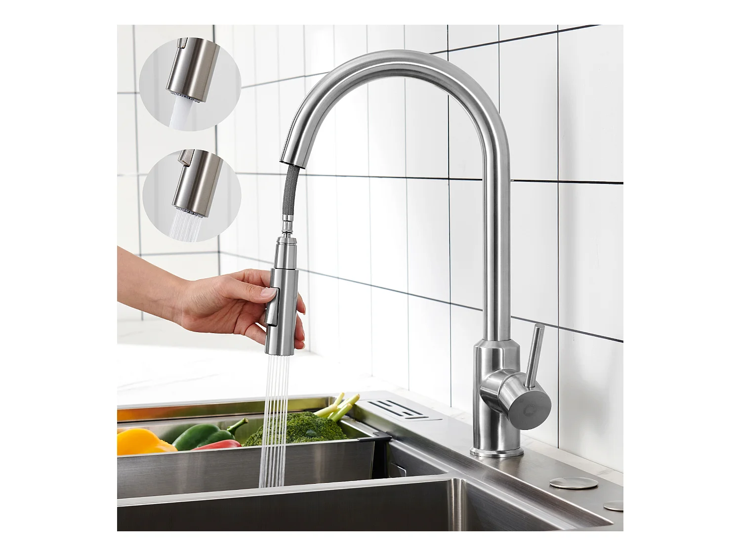 Cecipa max Keukenmengkraan met Uittrekbare Sproeier - RVS Keukenkraan Spoelbakmengkraan met 2 Waterafvoermodi - Geborsteld, EU-model