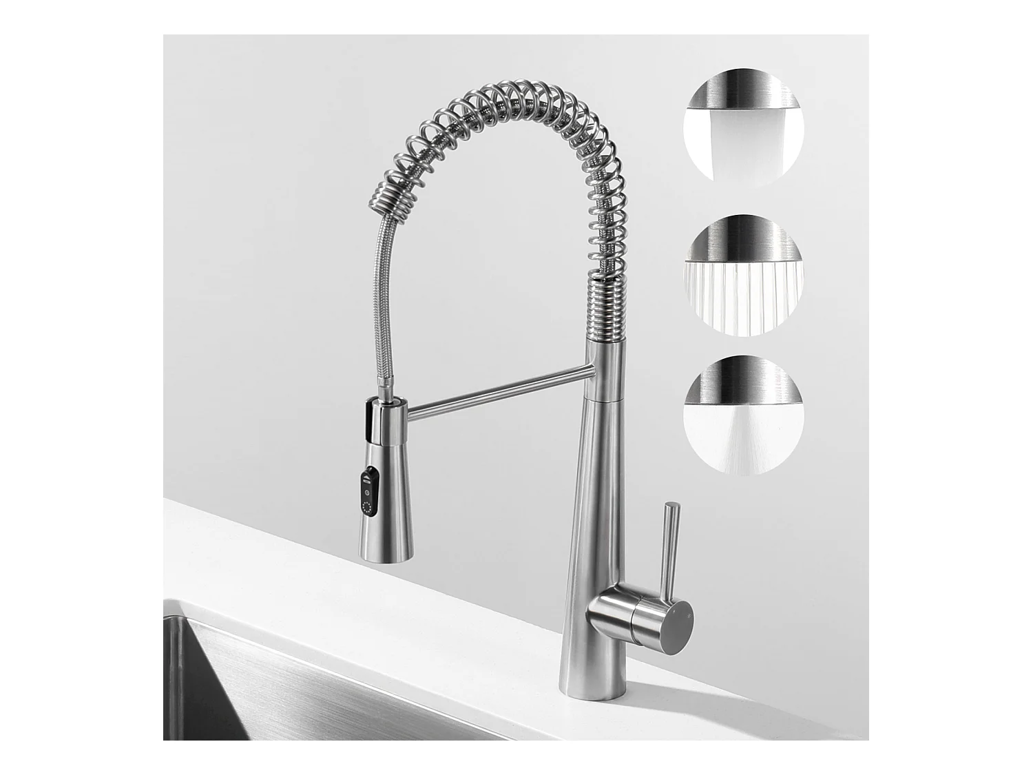 Cecipa max Spring Keukenmengkraan met 3 wateruitlaatmodi - Mengkraan met uittrekbare spray 360° draaibare kraan geborsteld, EU-model