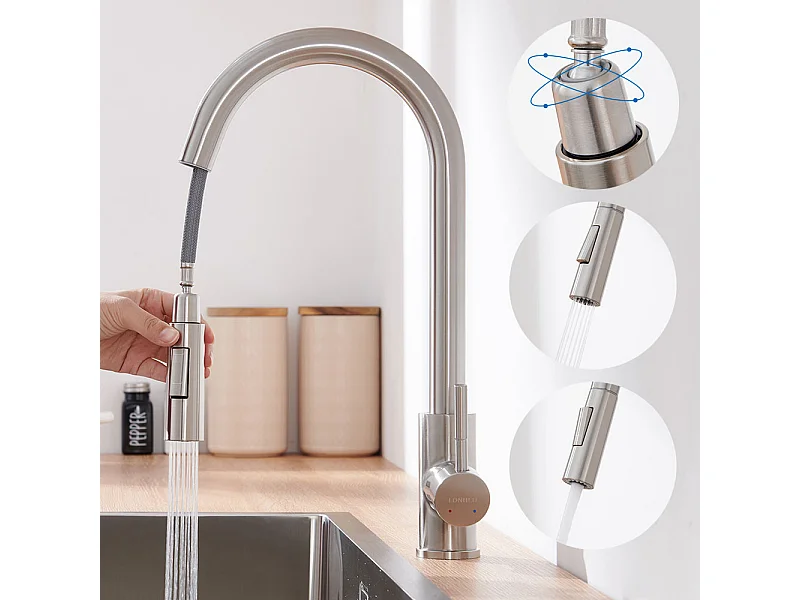 Mitigeur de Cuisine Douchette,Brossé,Robinet de Cuisine Rotatif à 360° avec Douchette Extensible 2 jets, Robinet de Cuisine en Acier Inoxydable