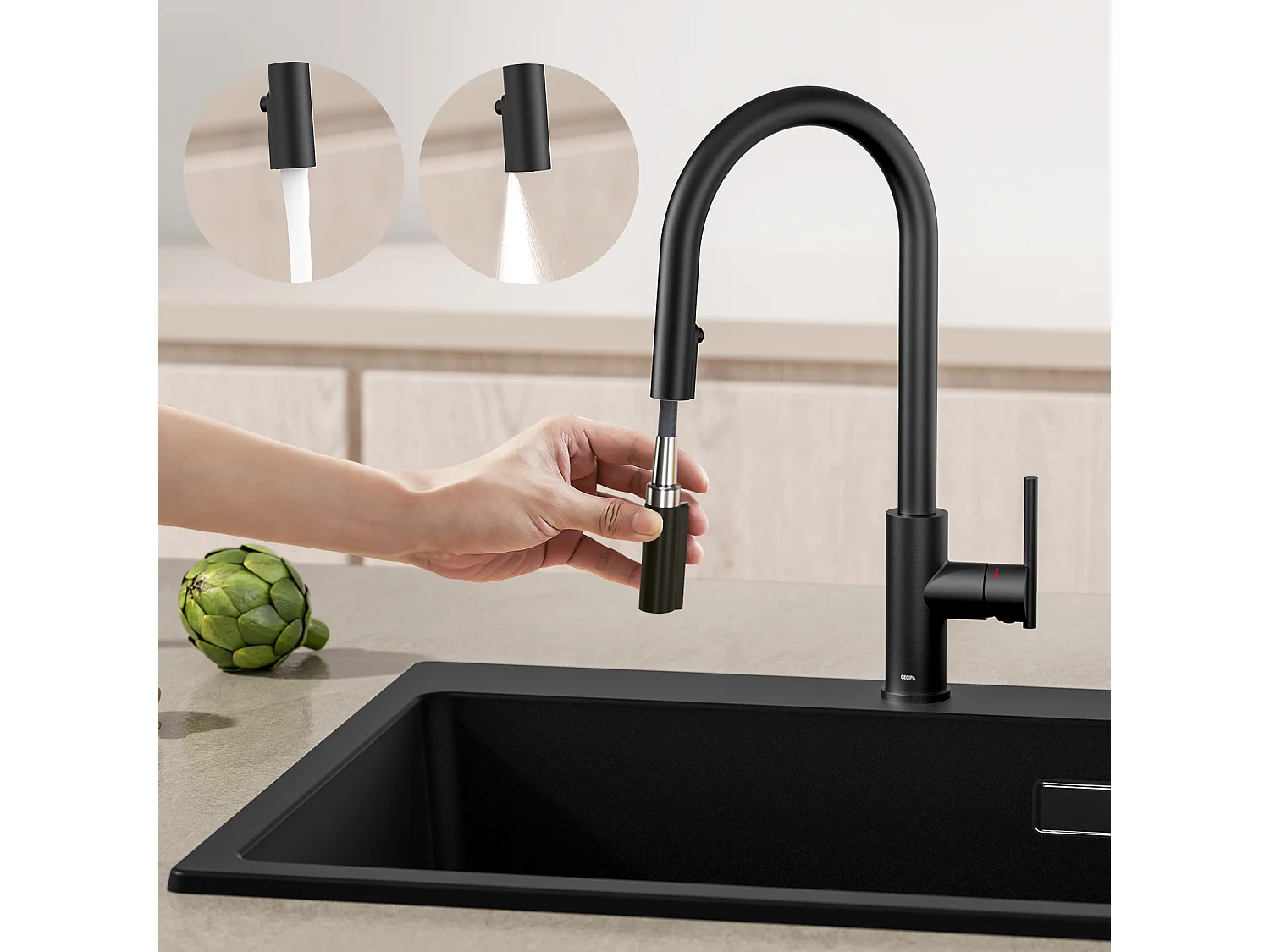 Cecipa max Mitigeur Cuisine avec Douchette Extractible Noir Robinet Cuisine 360 Rotatif Avec 2 modes de sortie d'eau,EU Modèle