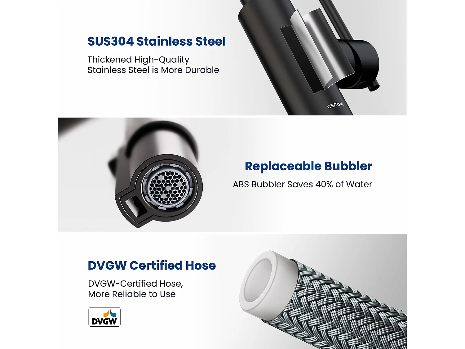 Cecipa max Mitigeur Cuisine avec Douchette Extractible Noir Robinet Cuisine 360 Rotatif Avec 2 modes de sortie d'eau,EU Modèle