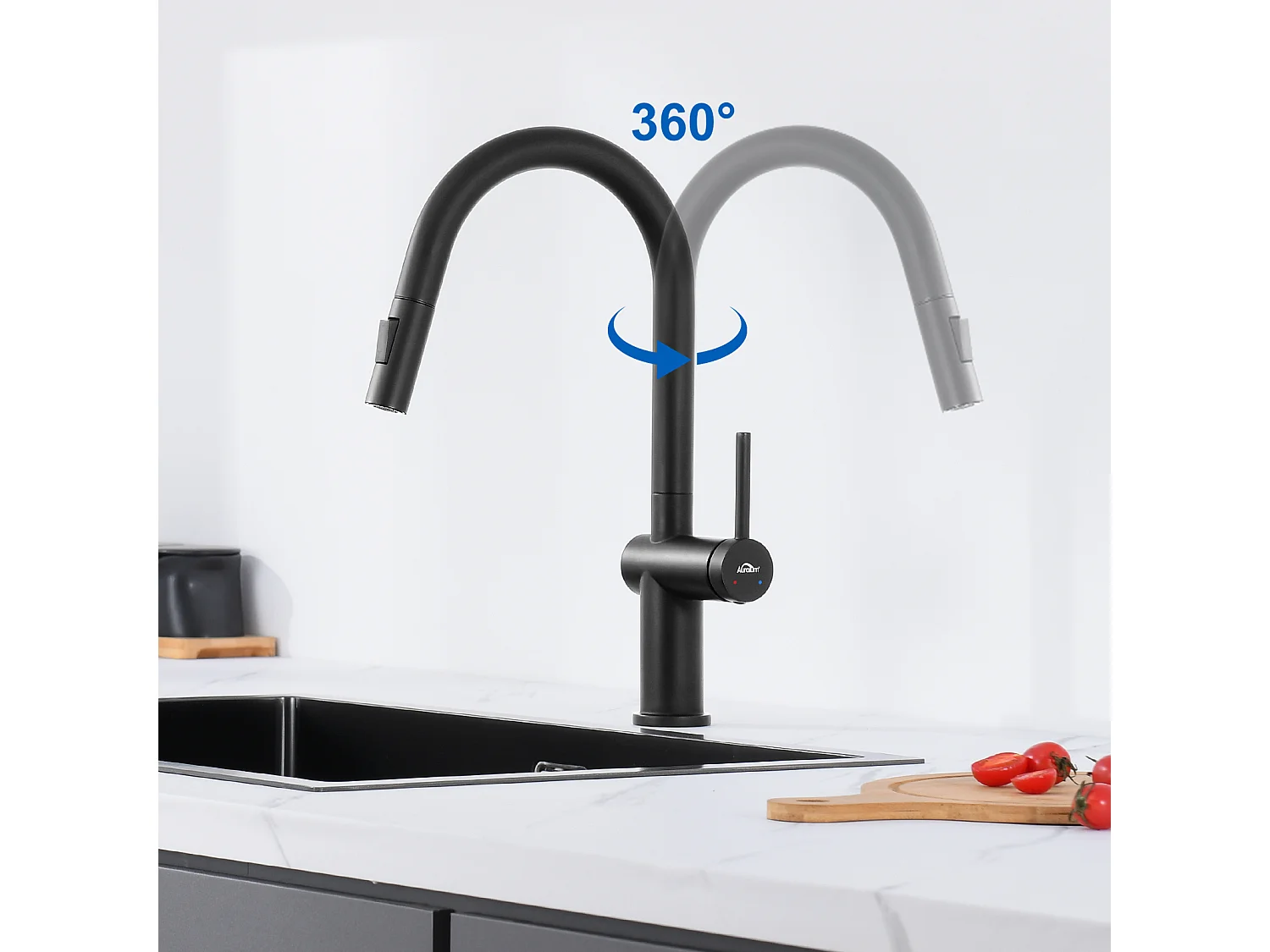 Mitigeur Cuisine Noir avec Douchette Haute Pression,Acier Inoxydable,Robinetterie Cuisine Extractible Pivotant à 360°, avec 2 Types de Jets