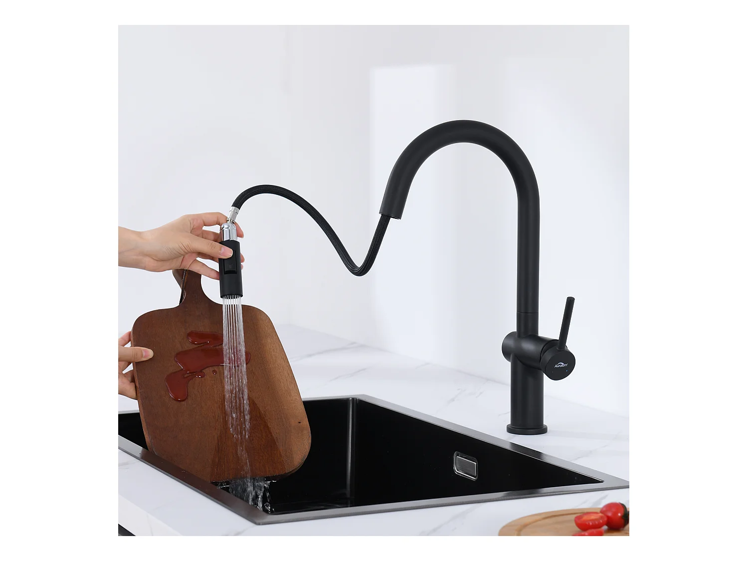 Mitigeur Cuisine Noir avec Douchette Haute Pression,Acier Inoxydable,Robinetterie Cuisine Extractible Pivotant à 360°, avec 2 Types de Jets