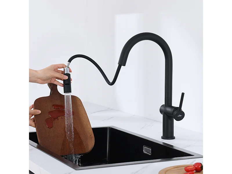 Mitigeur Cuisine Noir avec Douchette Haute Pression,Acier Inoxydable,Robinetterie Cuisine Extractible Pivotant à 360°, avec 2 Types de Jets