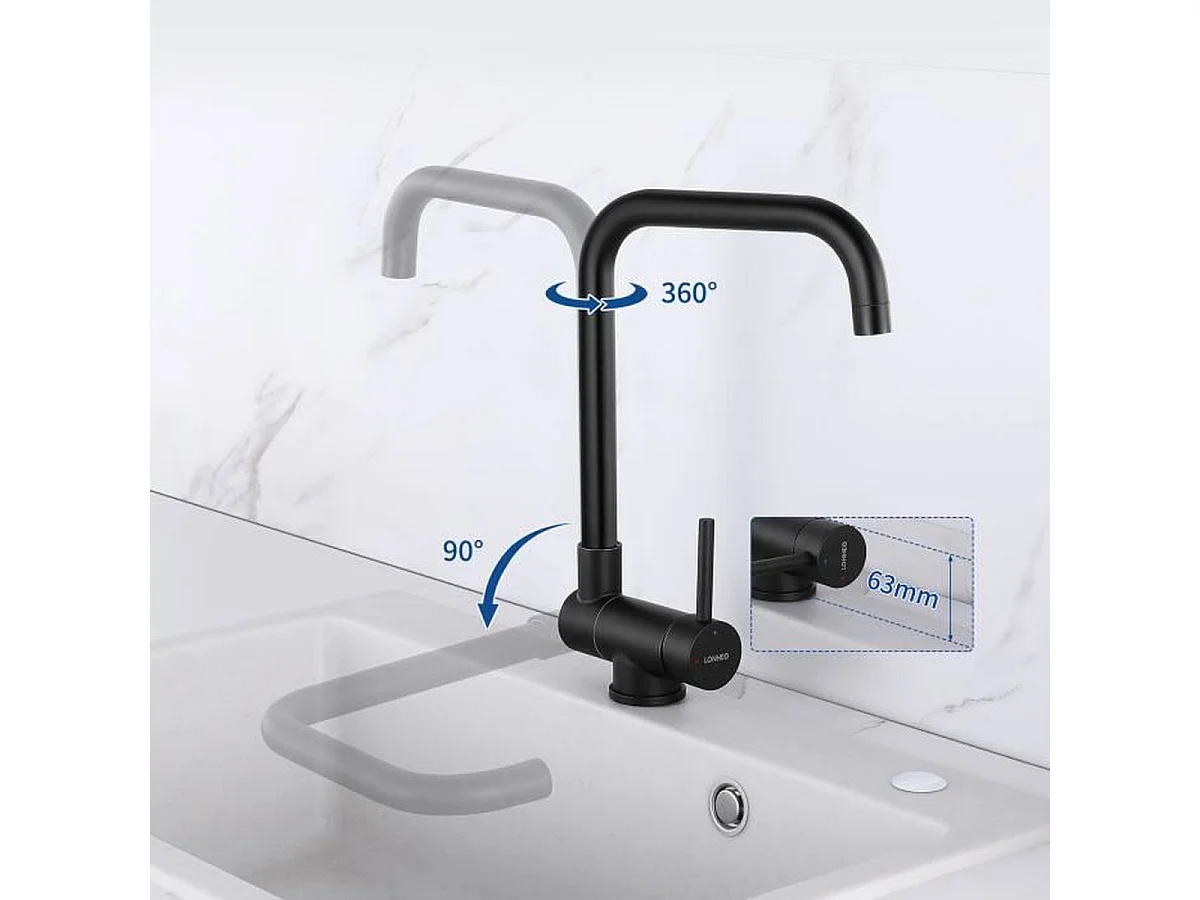 Lonheo Max 2pcs Miscelatore cucina pieghevole girevole 360°,con maniglia pieghevole contro finestra,acqua calda fredda,nera,Modello UE