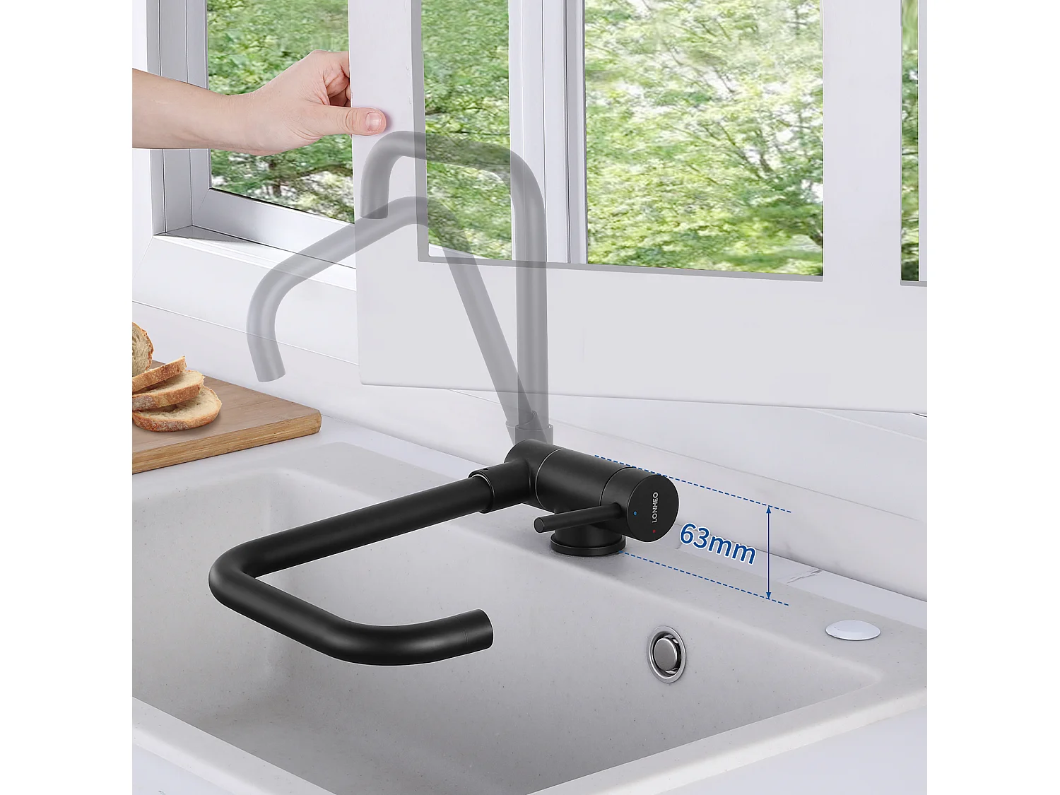 Lonheo Max 2pcs Miscelatore cucina pieghevole girevole 360°,con maniglia pieghevole contro finestra,acqua calda fredda,nera,Modello UE