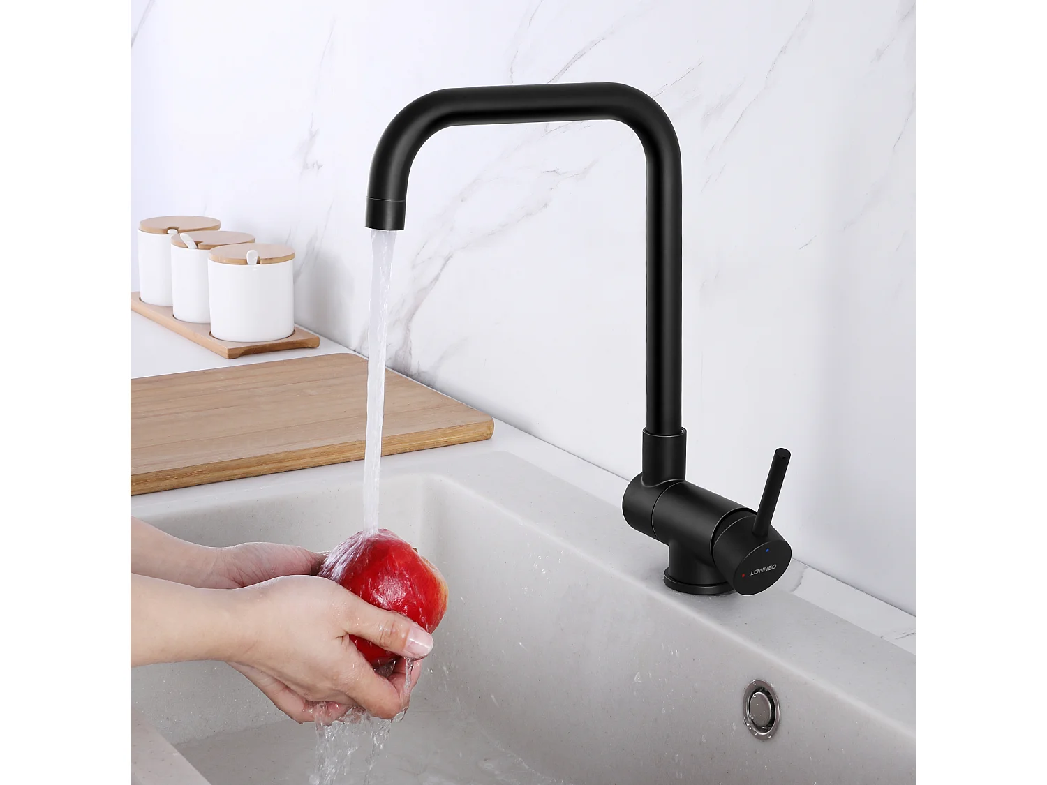 Lonheo Max 2pcs Miscelatore cucina pieghevole girevole 360°,con maniglia pieghevole contro finestra,acqua calda fredda,nera,Modello UE