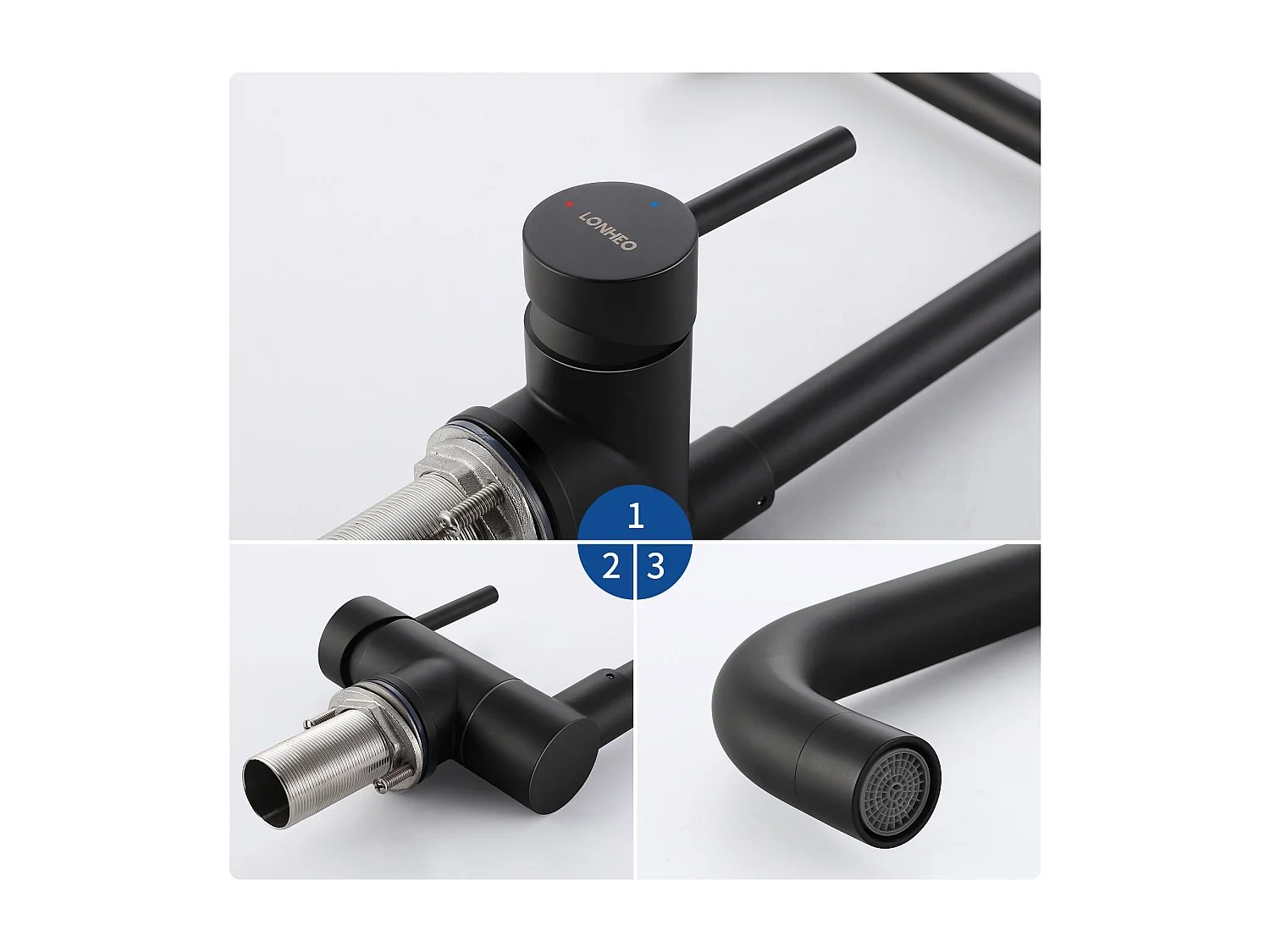 Lonheo Max 2pcs Miscelatore cucina pieghevole girevole 360°,con maniglia pieghevole contro finestra,acqua calda fredda,nera,Modello UE