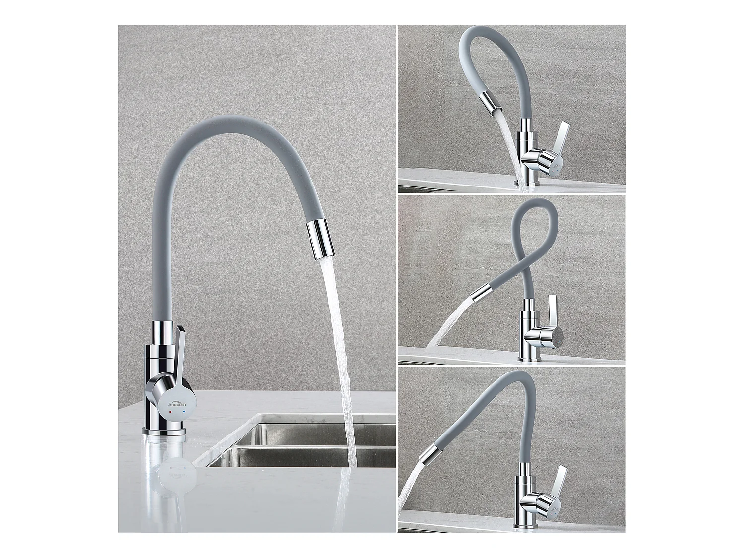 Mitigeur Évier avec Bec Flexible, Robinet de Cuisine, Cuisine Mitigeur Flexible Rotative à 360°, Gris
