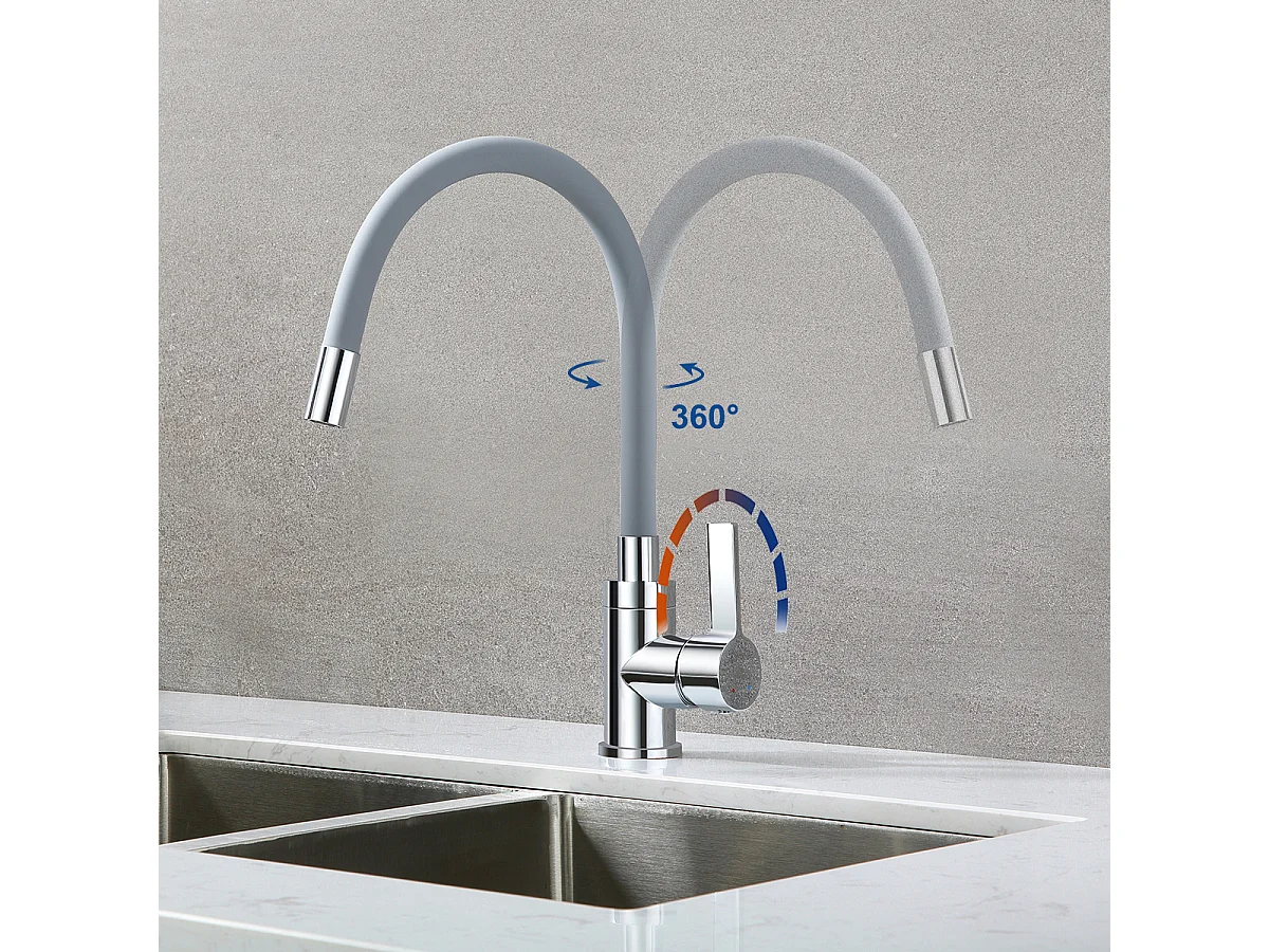 Mitigeur Évier avec Bec Flexible, Robinet de Cuisine, Cuisine Mitigeur Flexible Rotative à 360°, Gris