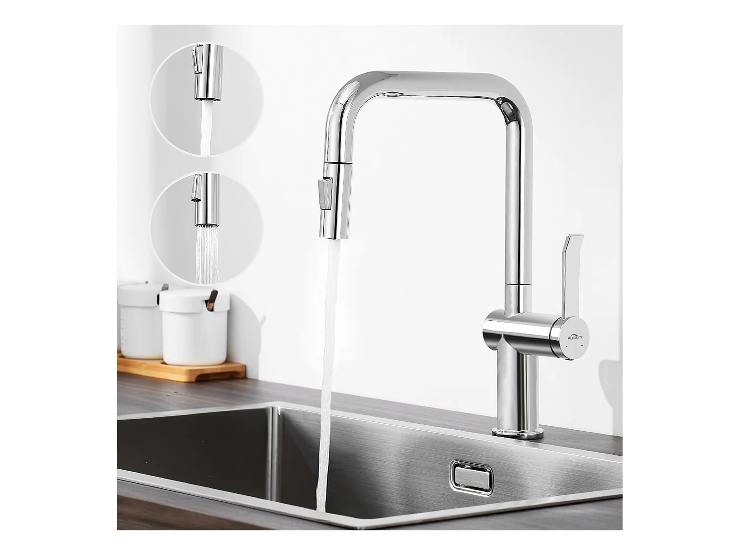Mitigeur Cuisine avec 2 Modes D'écoulement L'eau,Robinet D'évier Cuisine Pour Douchette Extensible,Rotation 360°,7 Formes, Acier Inoxydable