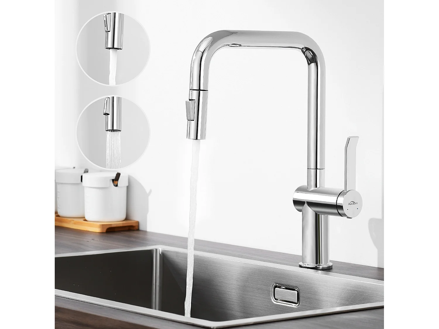 Mitigeur Cuisine avec 2 Modes D'écoulement L'eau,Robinet D'évier Cuisine Pour Douchette Extensible,Rotation 360°,7 Formes, Acier Inoxydable