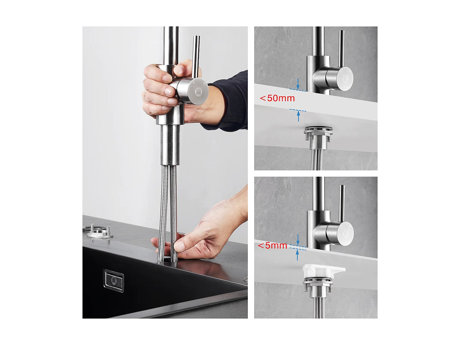 2PCS Cecipa max Robinet de cuisine,Robinetterie Monocommande en acier inoxydable, Mitigeur de cuisine , Mélangeur d'évier Cuisine Brossé,EU Modèle