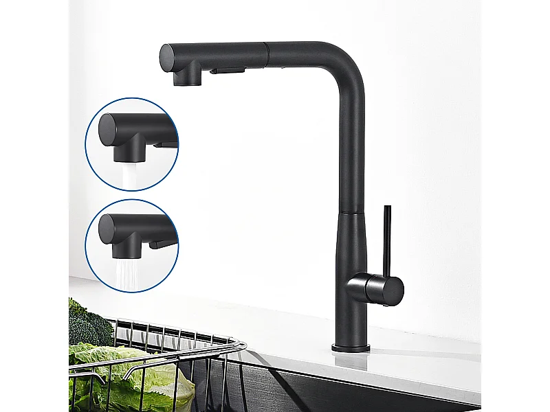 Mitigeur Cuisine Noir avec douchette extractible,Inox,Mélangeur Évier 2 Modes Jets Eau Chaude/Froide,Robinet Télescopique pour Évier à Légumes