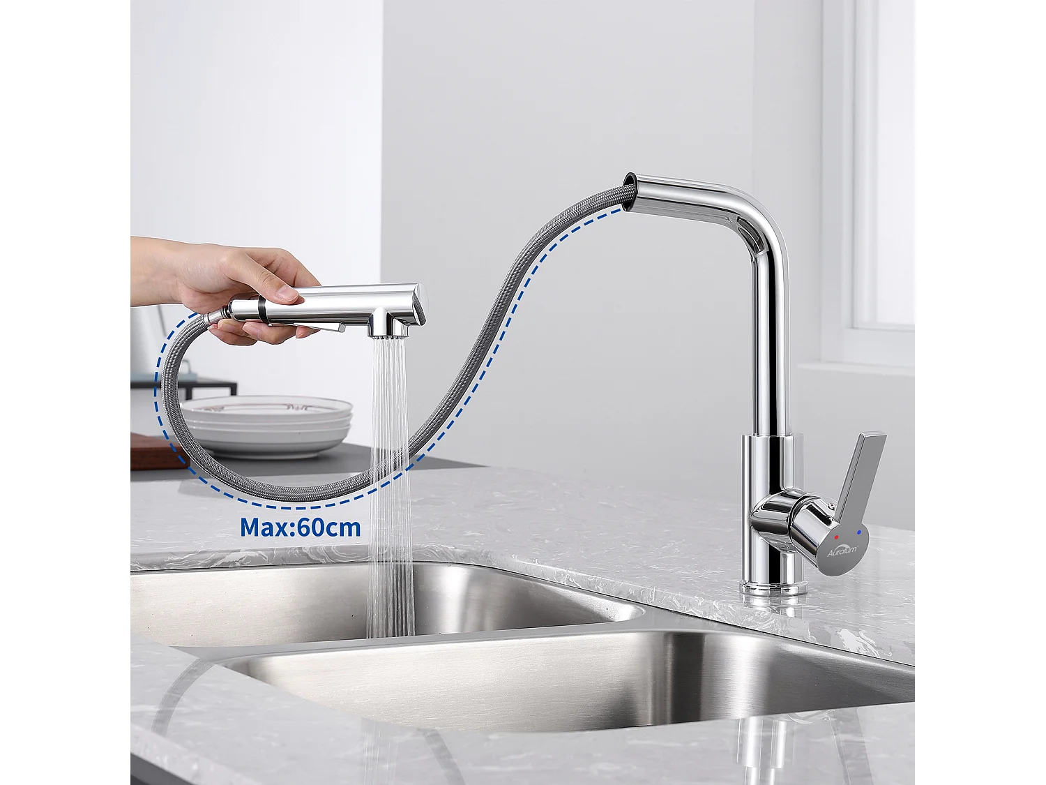 AuraLum Max Keukenmengkraan met Uittrekbare Handdouche Cu KraanIsine 360° Draaibaar,7 Vorm,Chroom,Ward/Koud Water Gootsteenmenger,EU Model