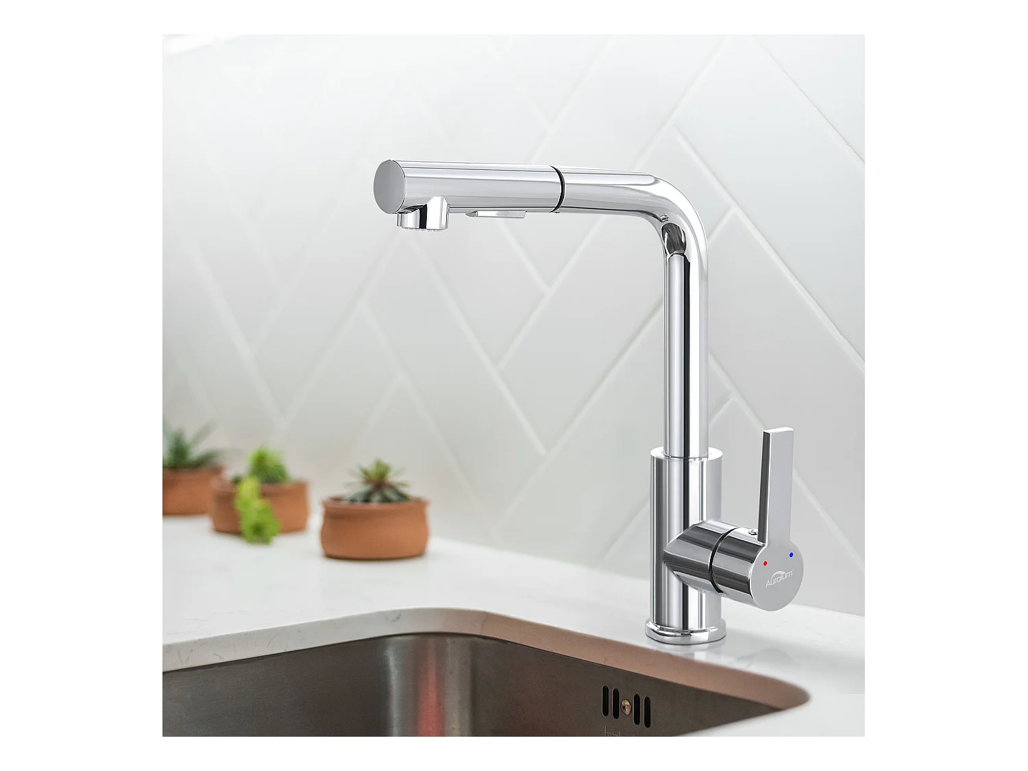 AuraLum Max Keukenmengkraan met Uittrekbare Handdouche Cu KraanIsine 360° Draaibaar,7 Vorm,Chroom,Ward/Koud Water Gootsteenmenger,EU Model
