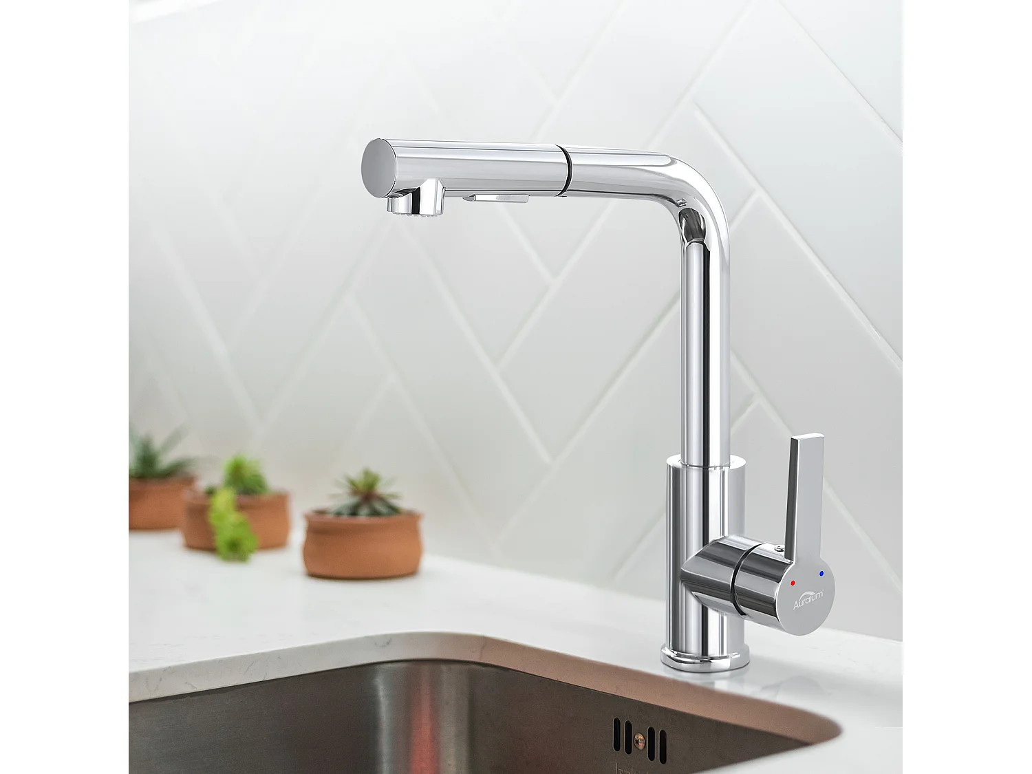 AuraLum Max Mitigeur Cuisine avec Douchette Extractible Robinet  Cuisine Rotatif 360°,En 7 forme,Chrome,Mélangeur Evier Eau Chaude/Froide,EU Modèle