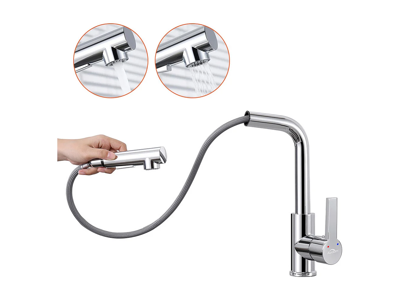 AuraLum Max Mitigeur Cuisine avec Douchette Extractible Robinet  Cuisine Rotatif 360°,En 7 forme,Chrome,Mélangeur Evier Eau Chaude/Froide,EU Modèle