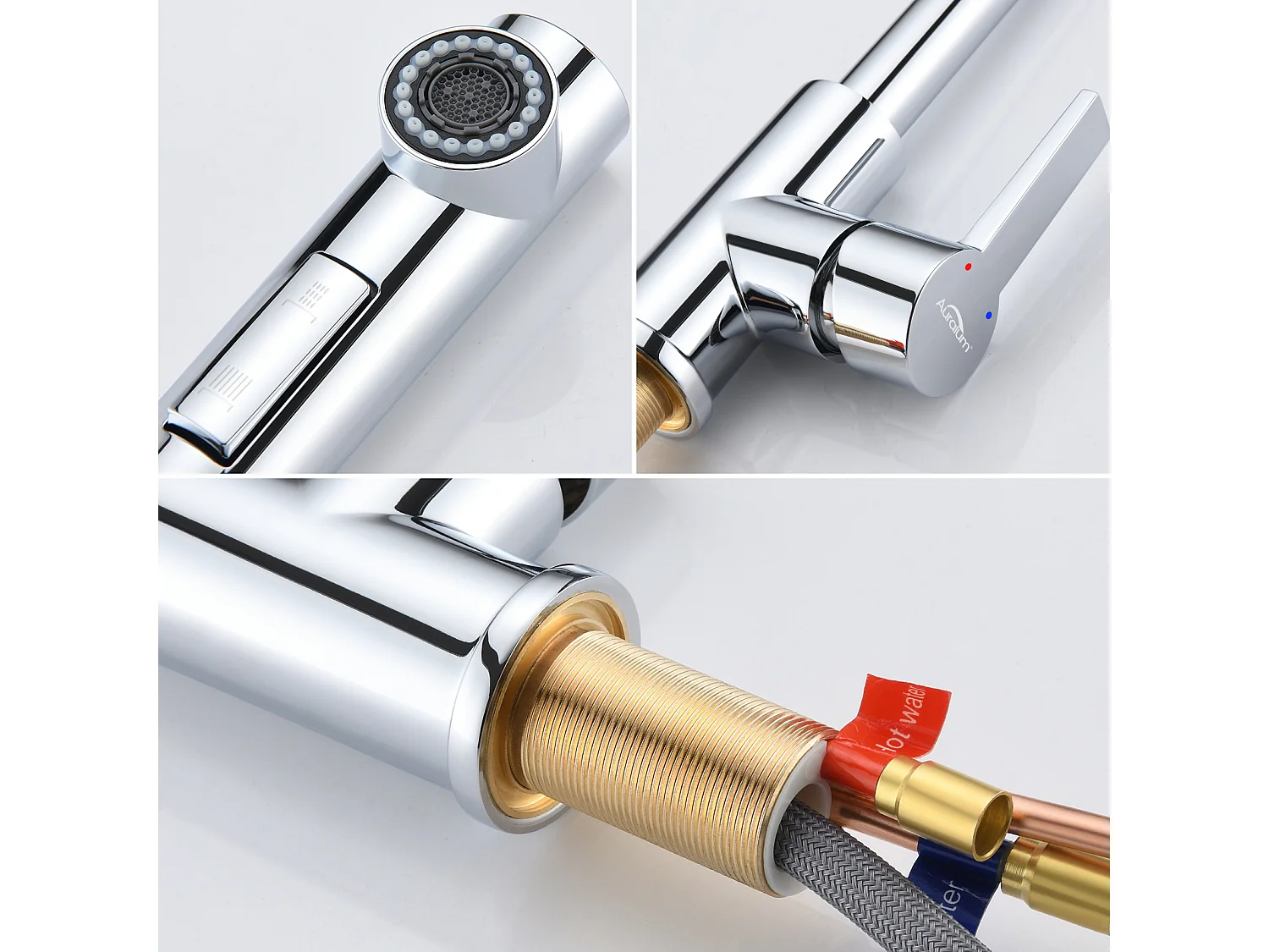 AuraLum Max Mitigeur Cuisine avec Douchette Extractible Robinet  Cuisine Rotatif 360°,En 7 forme,Chrome,Mélangeur Evier Eau Chaude/Froide,EU Modèle