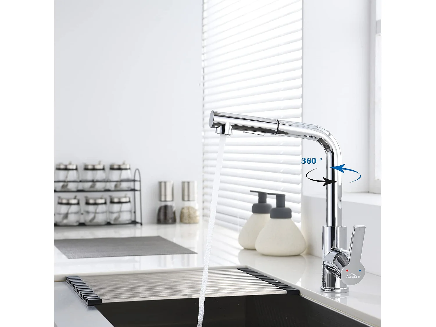 AuraLum Max Mitigeur Cuisine avec Douchette Extractible Robinet  Cuisine Rotatif 360°,En 7 forme,Chrome,Mélangeur Evier Eau Chaude/Froide,EU Modèle