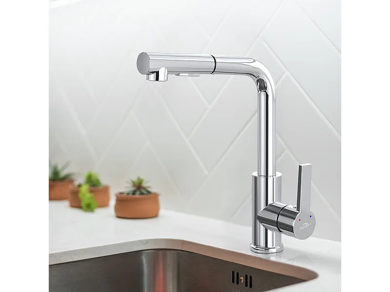 AuraLum Max Mitigeur Cuisine avec Douchette Extractible Robinet  Cuisine Rotatif 360°,En 7 forme,Chrome,Mélangeur Evier Eau Chaude/Froide,EU Modèle