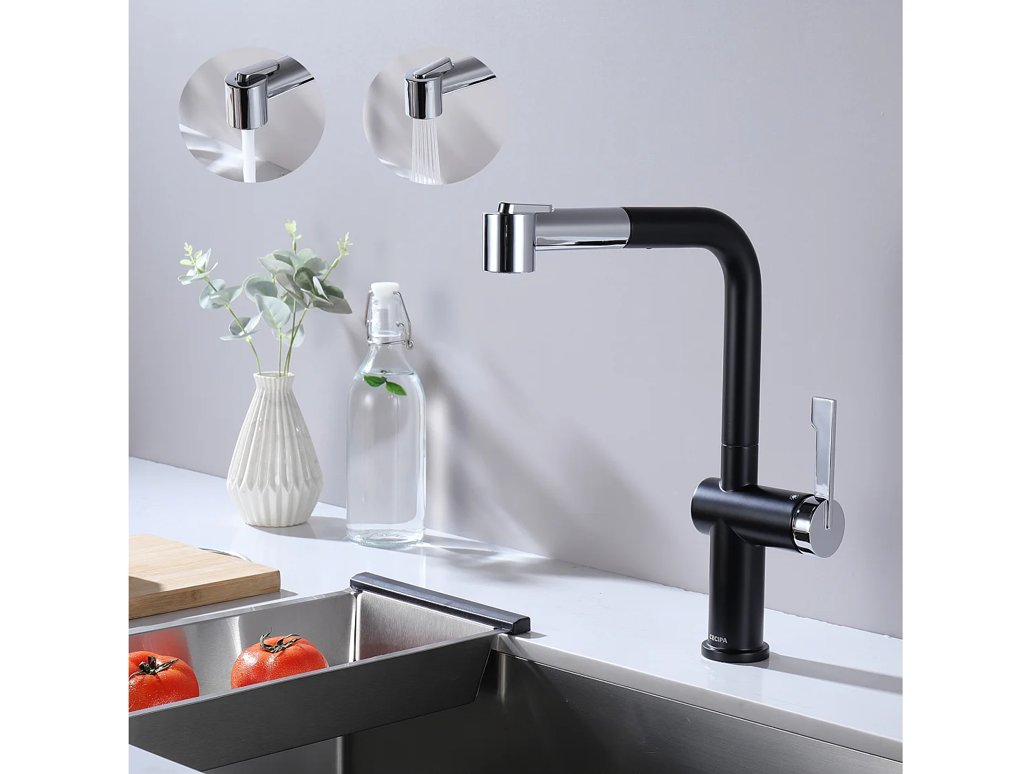 Cecipa max Mitigeur de Cuisine Extractible - Robinet Cuisine à 2 Jets 360 Rotatif - Mitigeur Evier avec Douchette Noir + Galvanique,EU Modèle
