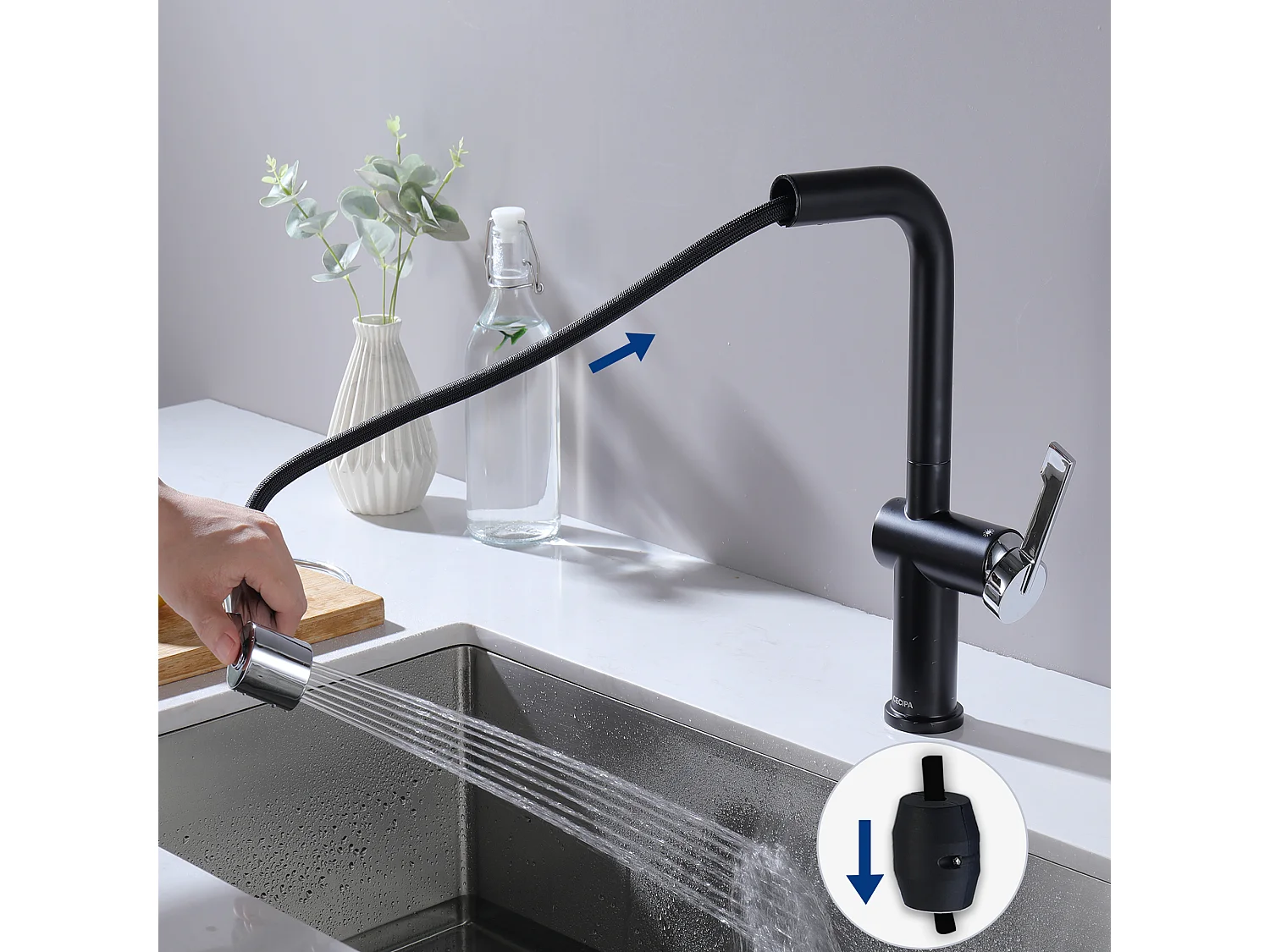 Cecipa max Mitigeur de Cuisine Extractible - Robinet Cuisine à 2 Jets 360 Rotatif - Mitigeur Evier avec Douchette Noir + Galvanique,EU Modèle