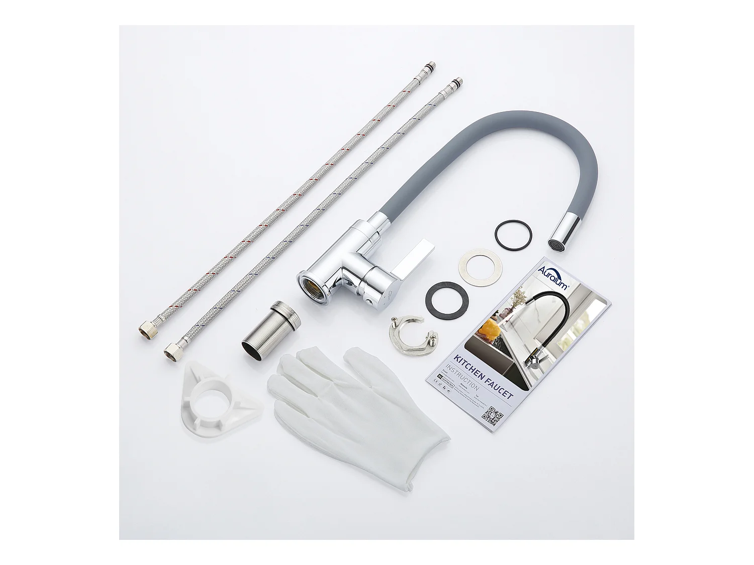 2 stuks Auralum max Flexibele Keukenmengkraan, 360° Draaibare Keukenkraan, met Flexibele Siliconen Slang, Warm/Koud Water Gootsteen Kraan (Grijs)