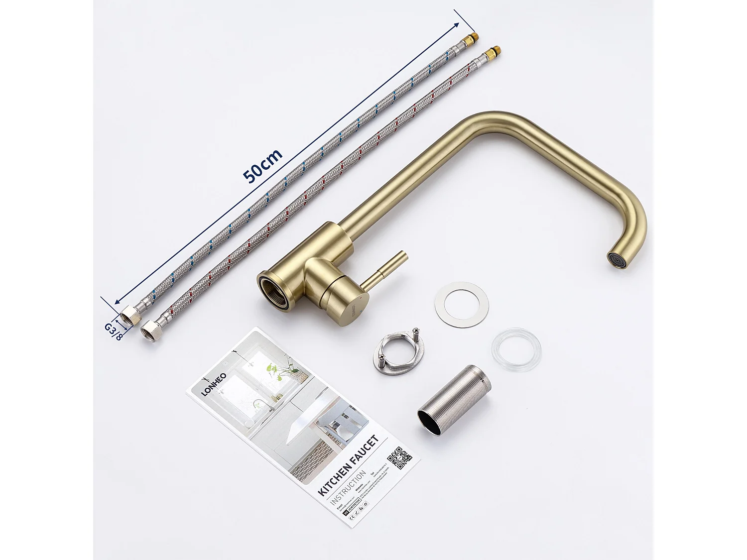 Lonheo Max 2pcs Robinet Cuisine,Mitigeur Evier Flexible Rotatif 360°,Mitigeur Cuisine Inoxydable avec Aérateur Démontable, Doré Brossé,EU Modèle