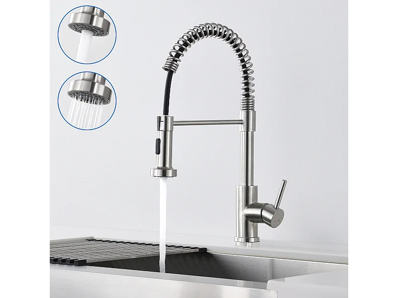 Mitigeur de Cuisine à Ressort ,avec Douchette Extensible, Robinet d'Évier Rotatif à 360° avec 2 Modes,Froid/Chaud Disponible,Chrome Brossé