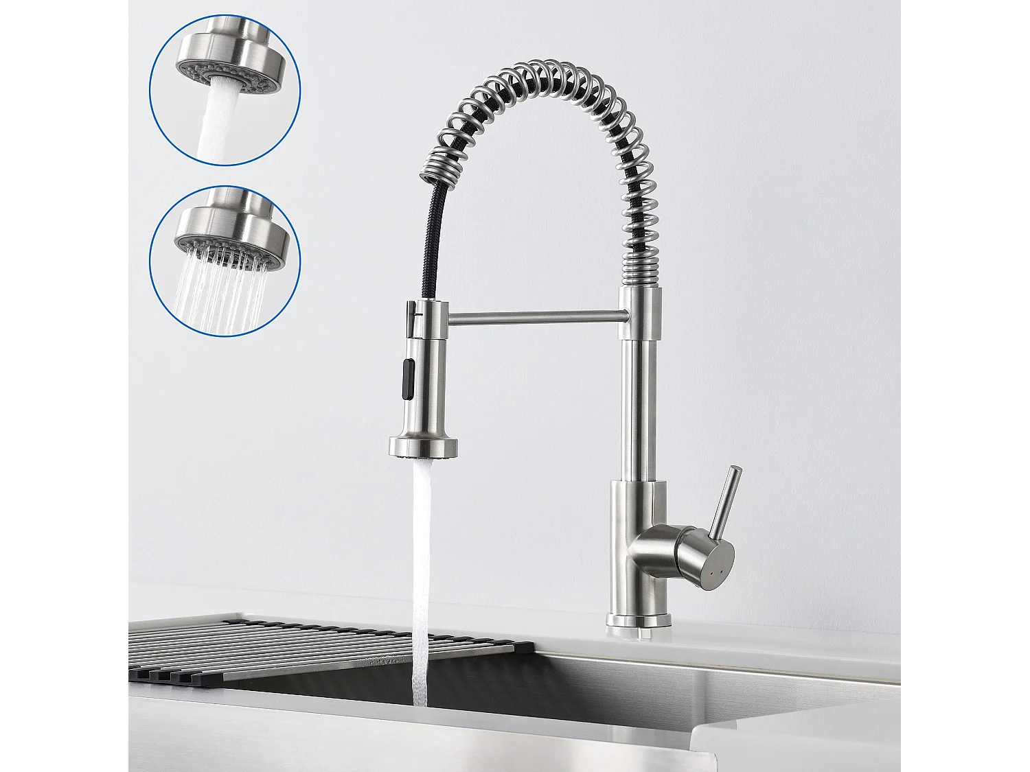 Mitigeur de Cuisine à Ressort ,avec Douchette Extensible, Robinet d'Évier Rotatif à 360° avec 2 Modes,Froid/Chaud Disponible,Chrome Brossé