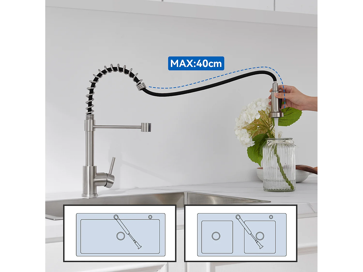 Mitigeur de Cuisine à Ressort ,avec Douchette Extensible, Robinet d'Évier Rotatif à 360° avec 2 Modes,Froid/Chaud Disponible,Chrome Brossé