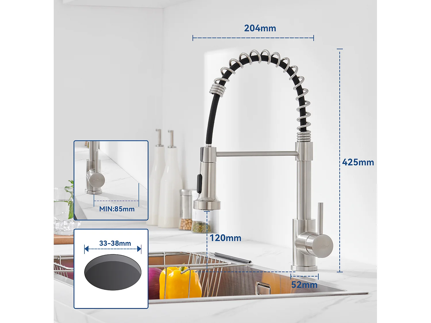 Mitigeur de Cuisine à Ressort ,avec Douchette Extensible, Robinet d'Évier Rotatif à 360° avec 2 Modes,Froid/Chaud Disponible,Chrome Brossé