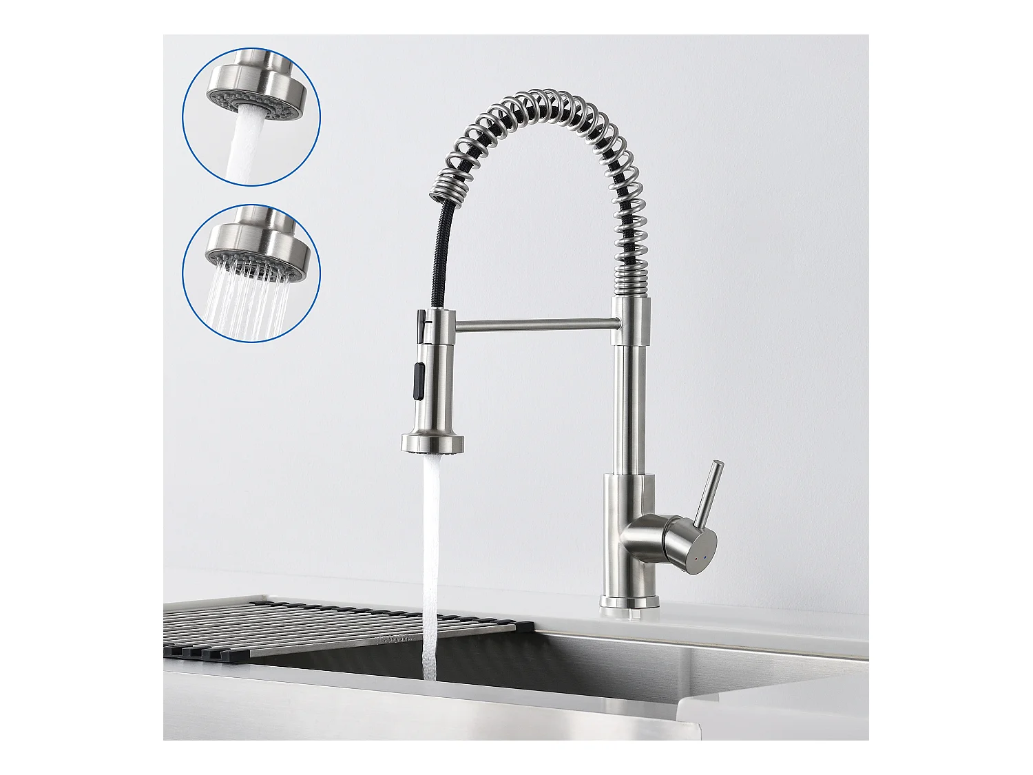 Miscelatore da cucina a molla , con Douchette EXtensible, Rubinetto per lavello rotante a 360° con 2 modalità,Freddo/Caldo Disponibile,Cromo